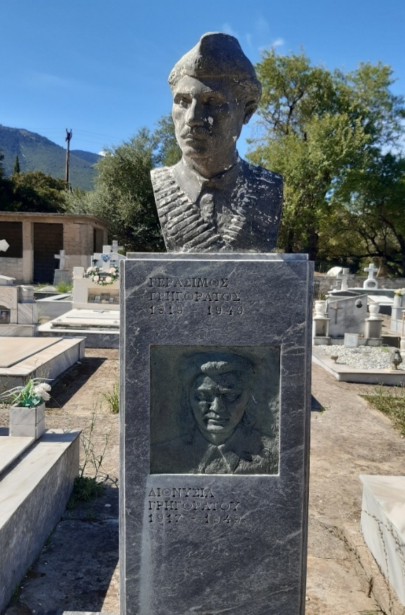 Concrete bust of an ELAS fighter in a cemetery. On the front side of the base, a relief with a female figure (Astrapogianos-Dionysia).